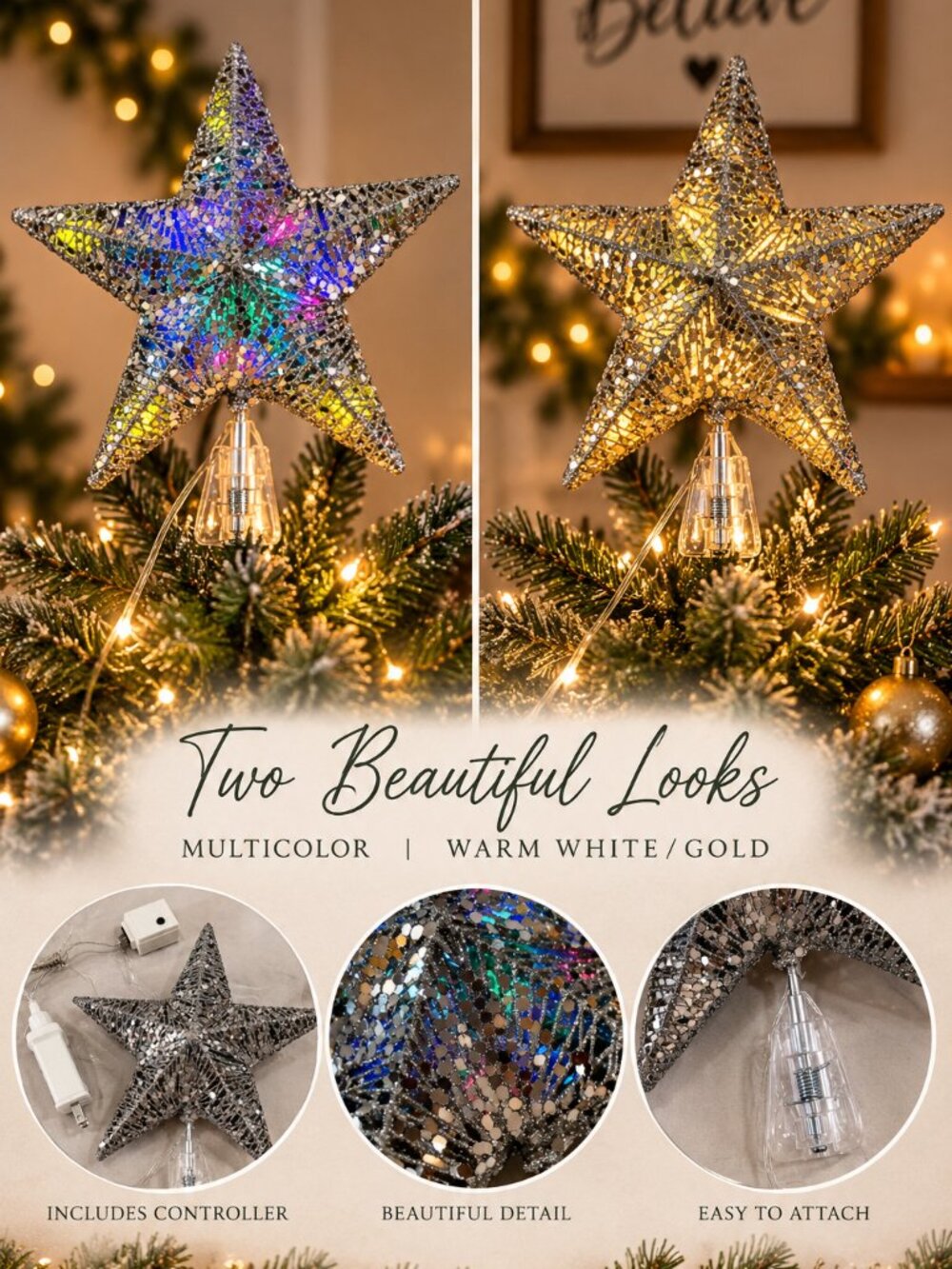 Silver Glitter Star Christmas Tree Topper Multicolor Lighted LED